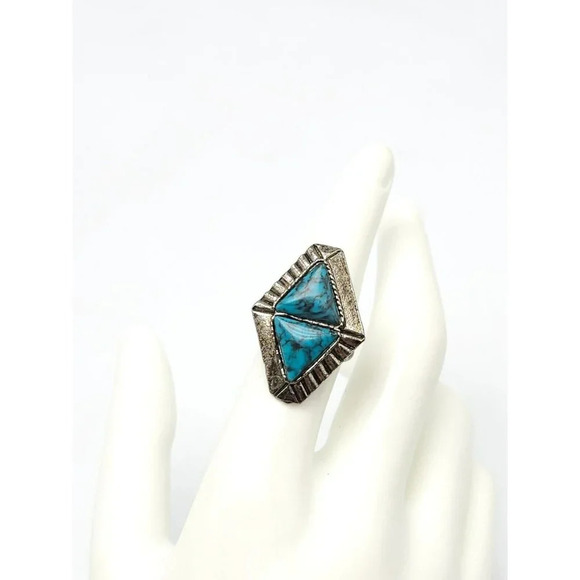 Faux Blue Turquoise Southwest Silver Tone VTG 1970 Diamond Shape Ring Size 7.25 - Picture 1 of 4